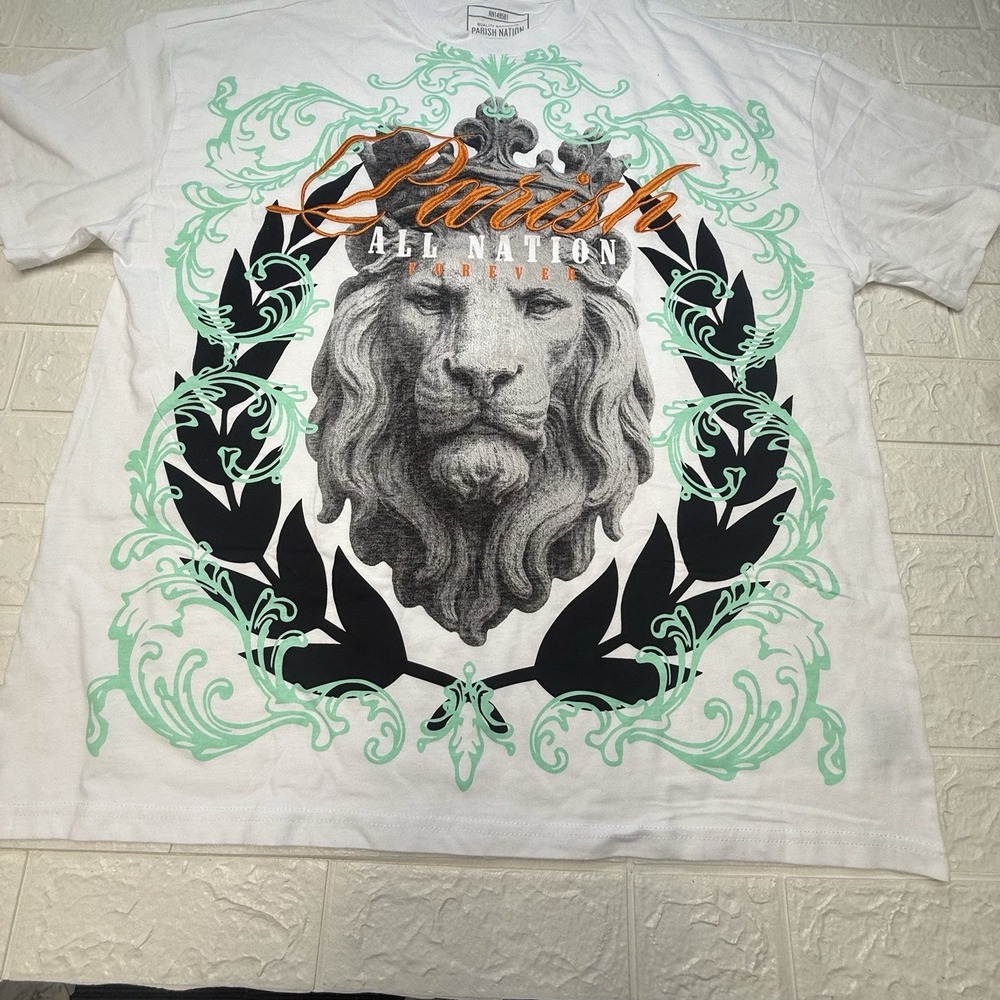 Parish Nation Embroidered All Nation Forever Lion Graphic T Shirt Mens XL White